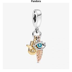 Silver and Gold Charm with Evil Eye and Feather